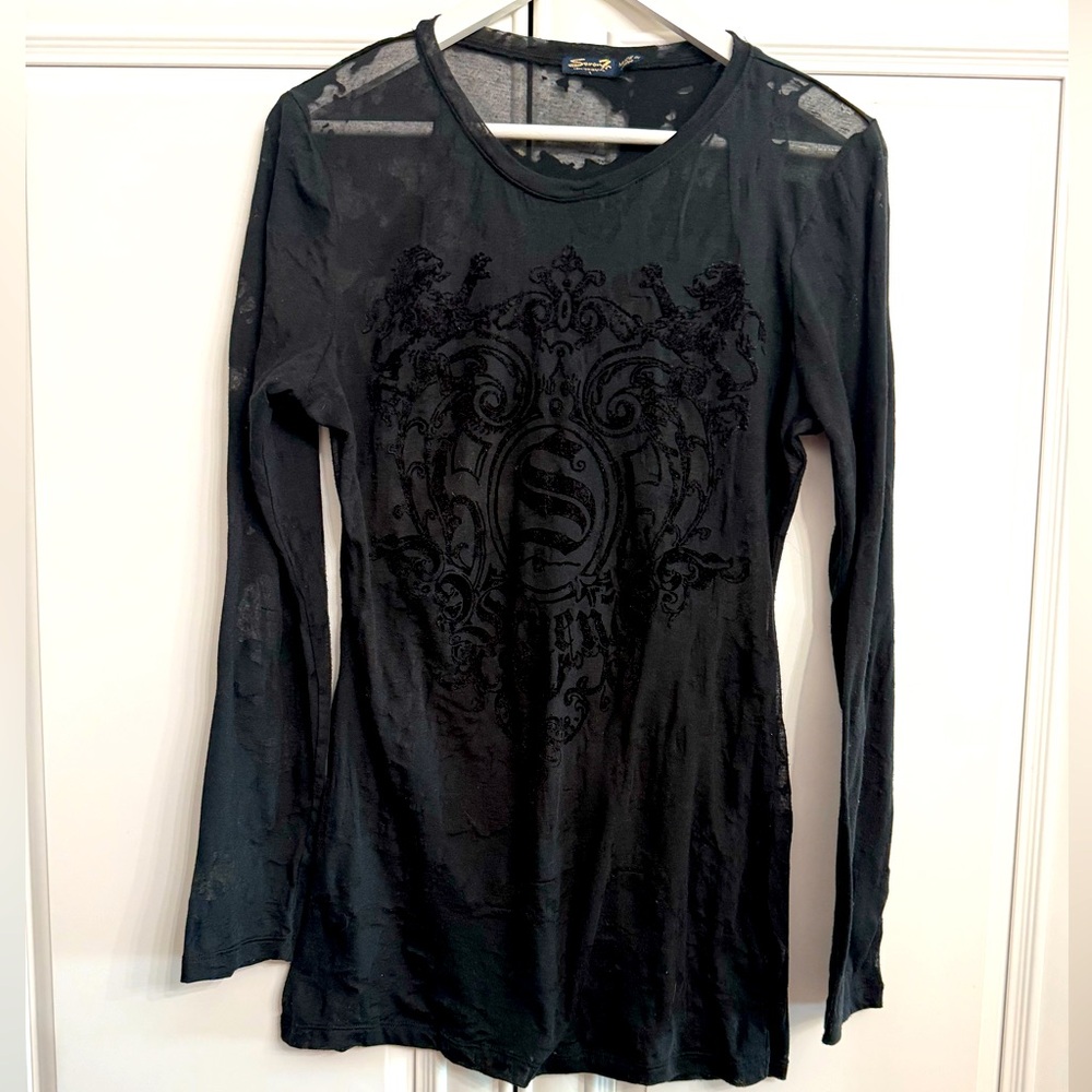 Seven7 Sz Large Black Long Sleeve Sheer Grunge Top Black Velvet Design on Front